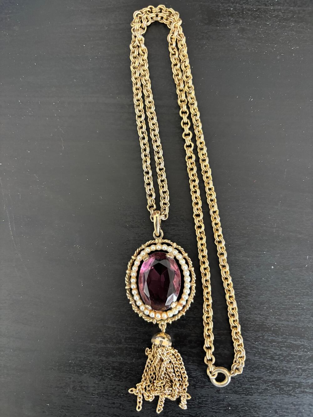 Vintage Avon Gold Tone Pendant Chain Necklace Amethyst Glass, Faux Pearls